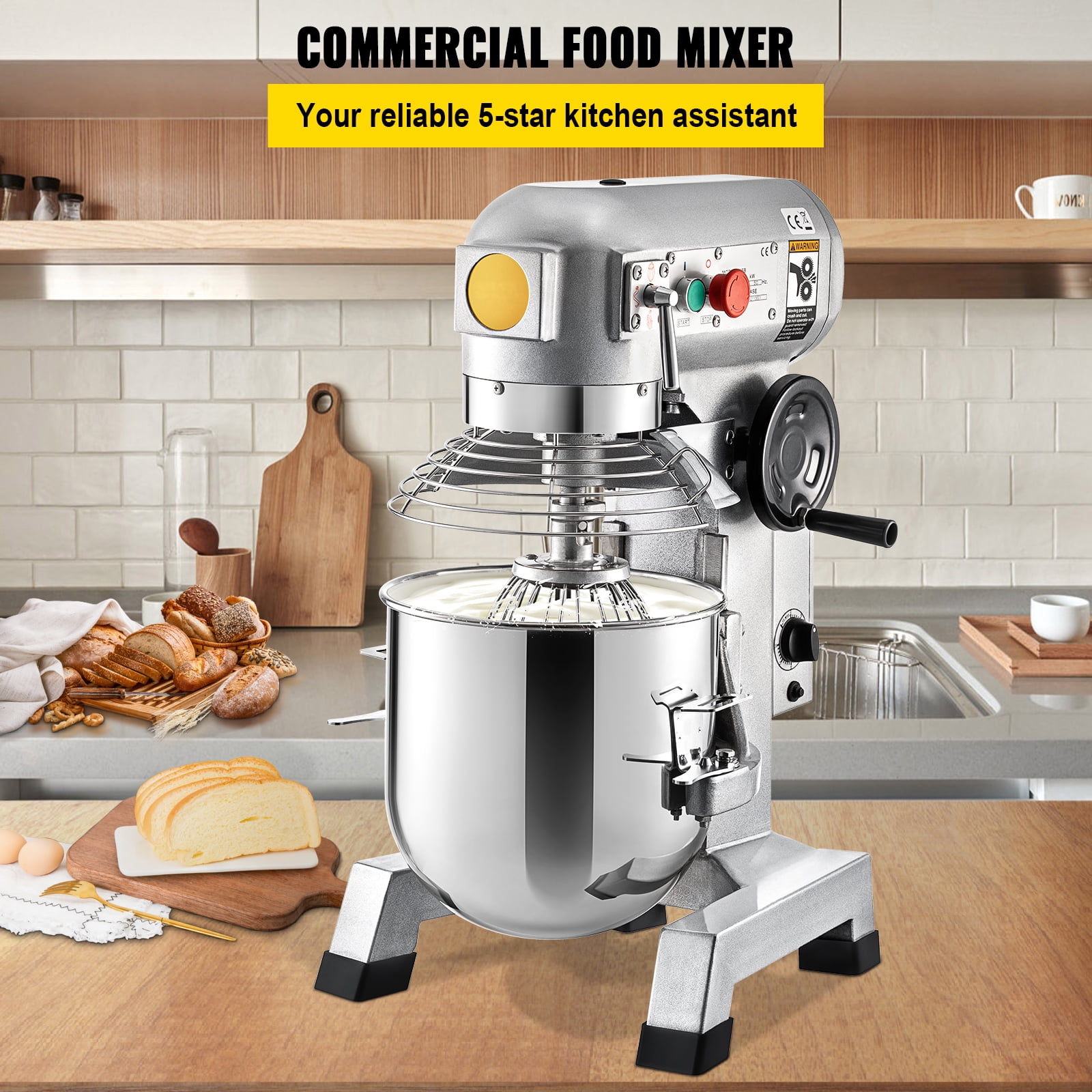 KFFKFF Commercial Stand Mixer, 20Qt Capacity with Timer Feature, 750W Stainless Steel Container Robust Electric Culinary Mixer with 3 Speed Settings 108/199/382 RPM, Includes Dough Hook and Whisk