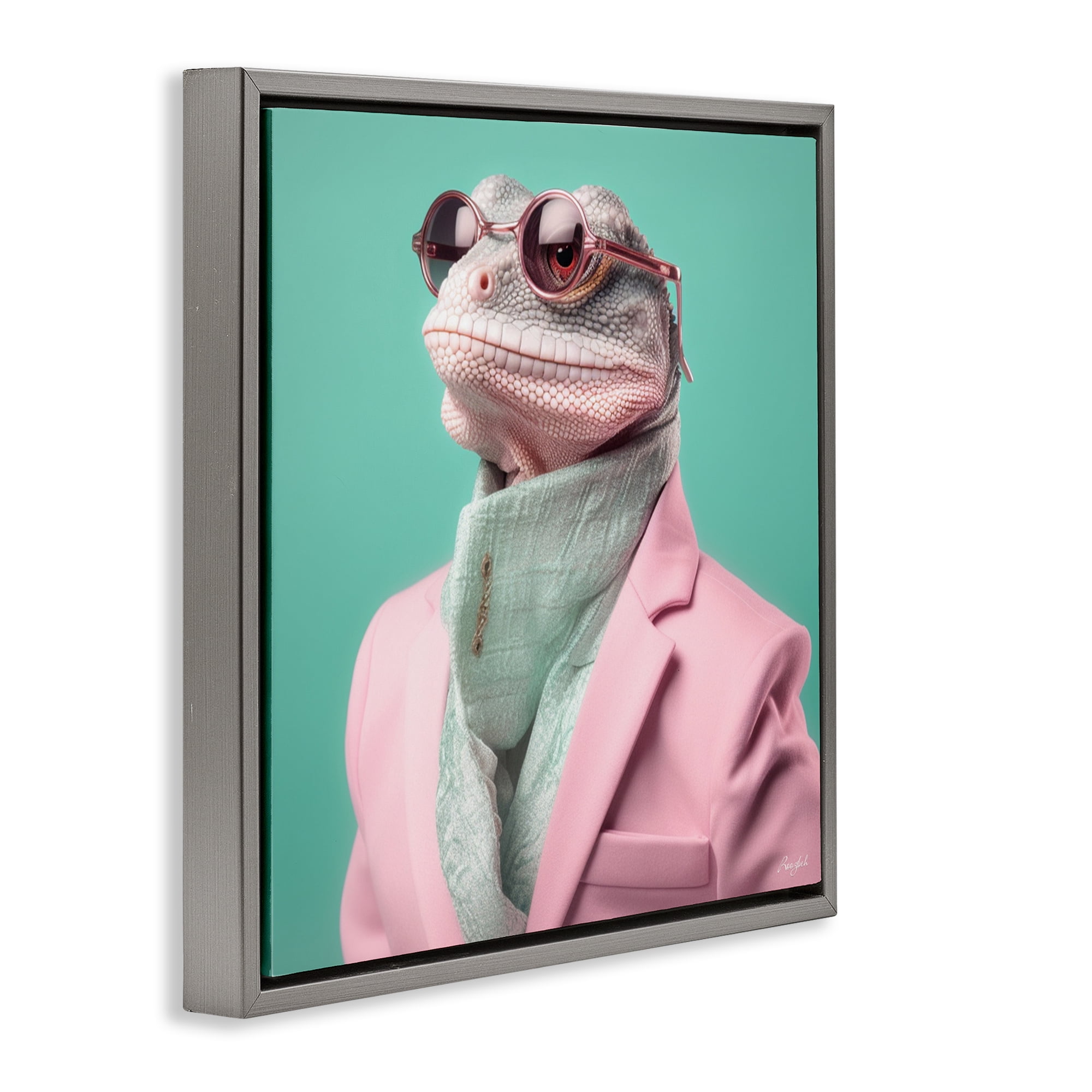 Stupell Industries Hipster Iguana Portrait Gray Framed Floater Canvas Wall Art, design by Roozbeh