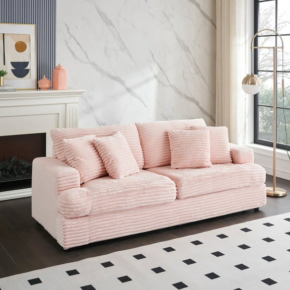 Corduroy 3-Seater Sofa 88.58 Inches Wide Comfortable Sectional Couch with 4 Matching Throw Pillows Modern Living Room Seating in Pink