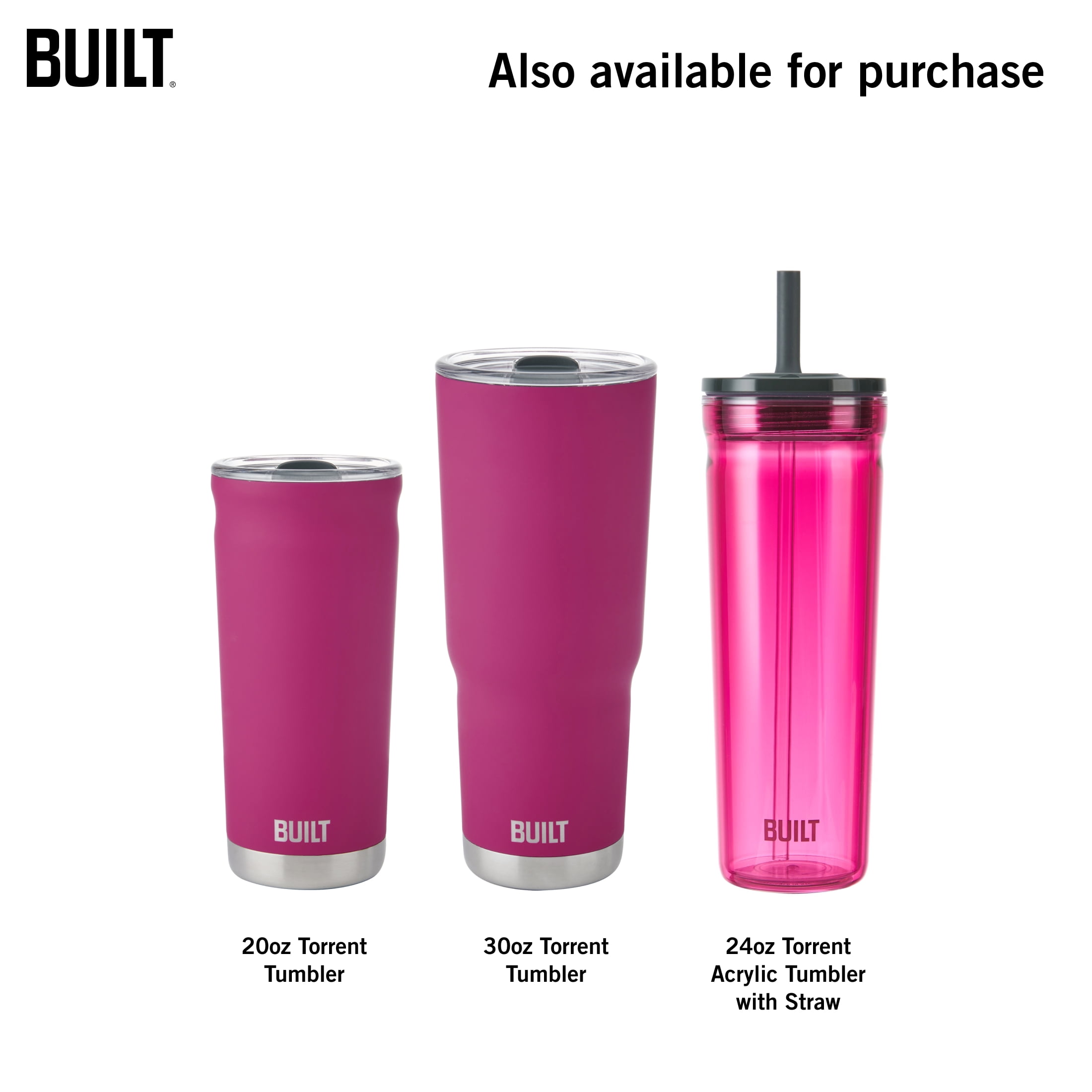 BUILT Torrent 20 oz Double-Wall Insulated Stainless Steel Tumbler Water Bottle, Magenta
