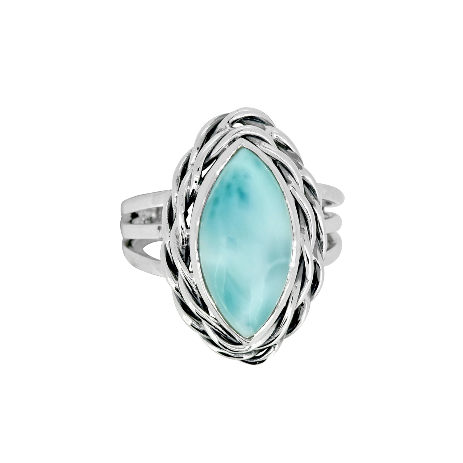 YoTreasure 9x18 mm Natural Larimar 925 Sterling Silver Croissant Braided  Twisted Ring