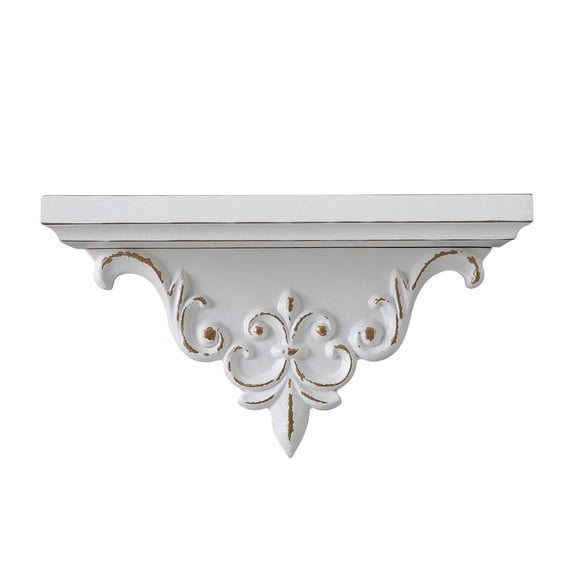 SOFE Vintage Distressed White Wooden Floating Wall Shelf, 14.2 Inch Ornate Hand Carved Display Shelf for Plants Books Entryway Living Room Office Home Decor