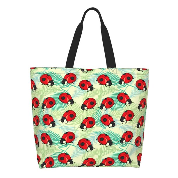 Fotbe Red Ladybugs And Leaf Bolsa Tote Estética de Lona con Estampado para Mujer - Bolsa Reutilizable de Hombro Casual para Vacaciones, Compras, Trabajo y Gimnasio