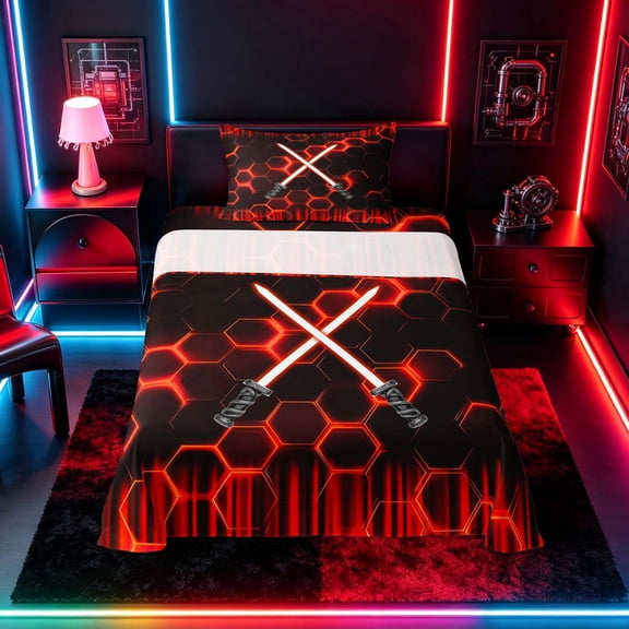 meiyoeat Neon Lights Twin Sheet Sets for Boys, Sci-Fi Red Gaming Bedding, 3-Piece, 1 Flat Sheet, 1 Fitted Sheet and 1 Pillowcase