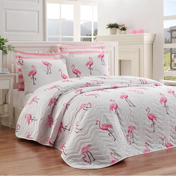 Flamengo Pink Full/Queen Size Bedspread/Coverlet Set – 3 Piece Quilt Set with Pillowcases, All-Season Lightweight, Digitally Printed Design, 65% Cotton, Made in Turkey – Soft, Durable,