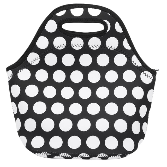 Sac à Lunch, Sac à Main Portable et Chaud Réutilisable Étanche Résistant à l'Usure, Isolé Thermiquement pour Maison Camping École Extérieur Noir Blanc à Pois