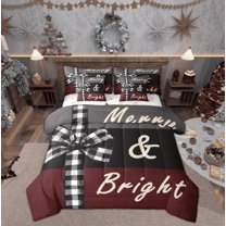 Manfei Buffalo Bowknot Twin Bedding Sets 7-Piece for Girls, Winter Snowflake Print Bedding Comforter Set, Merry Christmas Reversible Sheet Sets, Breathable Home Decor