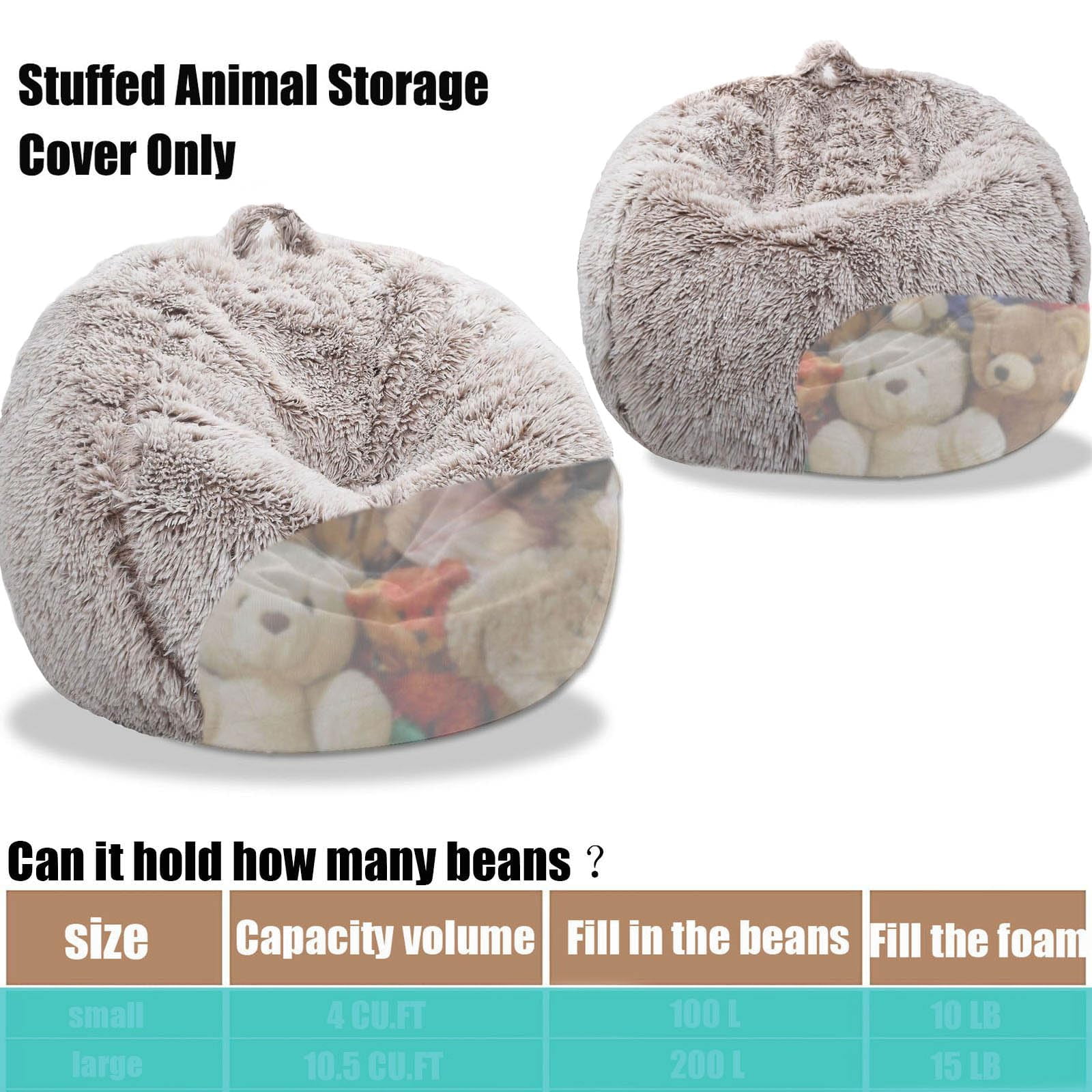 Fluffy Stuffed Animal Storage Bean Bag Chair Cover (no Filler)  Faux Comfy For Organizing Plush Toys Or Textile Adults Teens Beige
