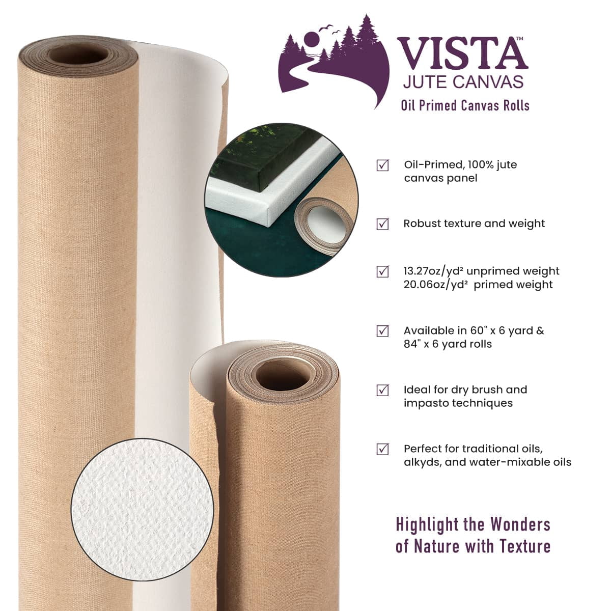 Vista Jute Oil-Primed Canvas Roll, 60" x 6 Yards, Jute Woven Rolls for Painting, Extra-Coarse Texture, DIY Canvases, 16.52 oz Double-Primed, for Oils, Acrylics, Mixed Media Techniques