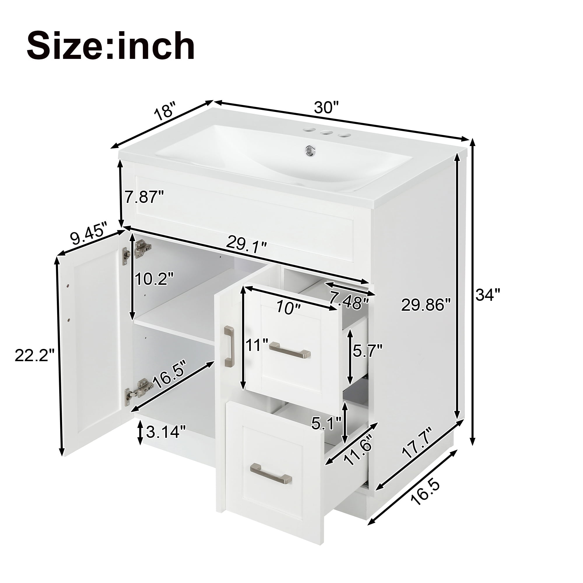 MODERNLUXE 30" Bathroom Vanity with Sink Combo,Freestanding Modern Bathroom Storage Cabinet with 2 Drawers, Adjustable Shelf & Soft Closing Doors,Solid Wood Vanity Cabinets, White