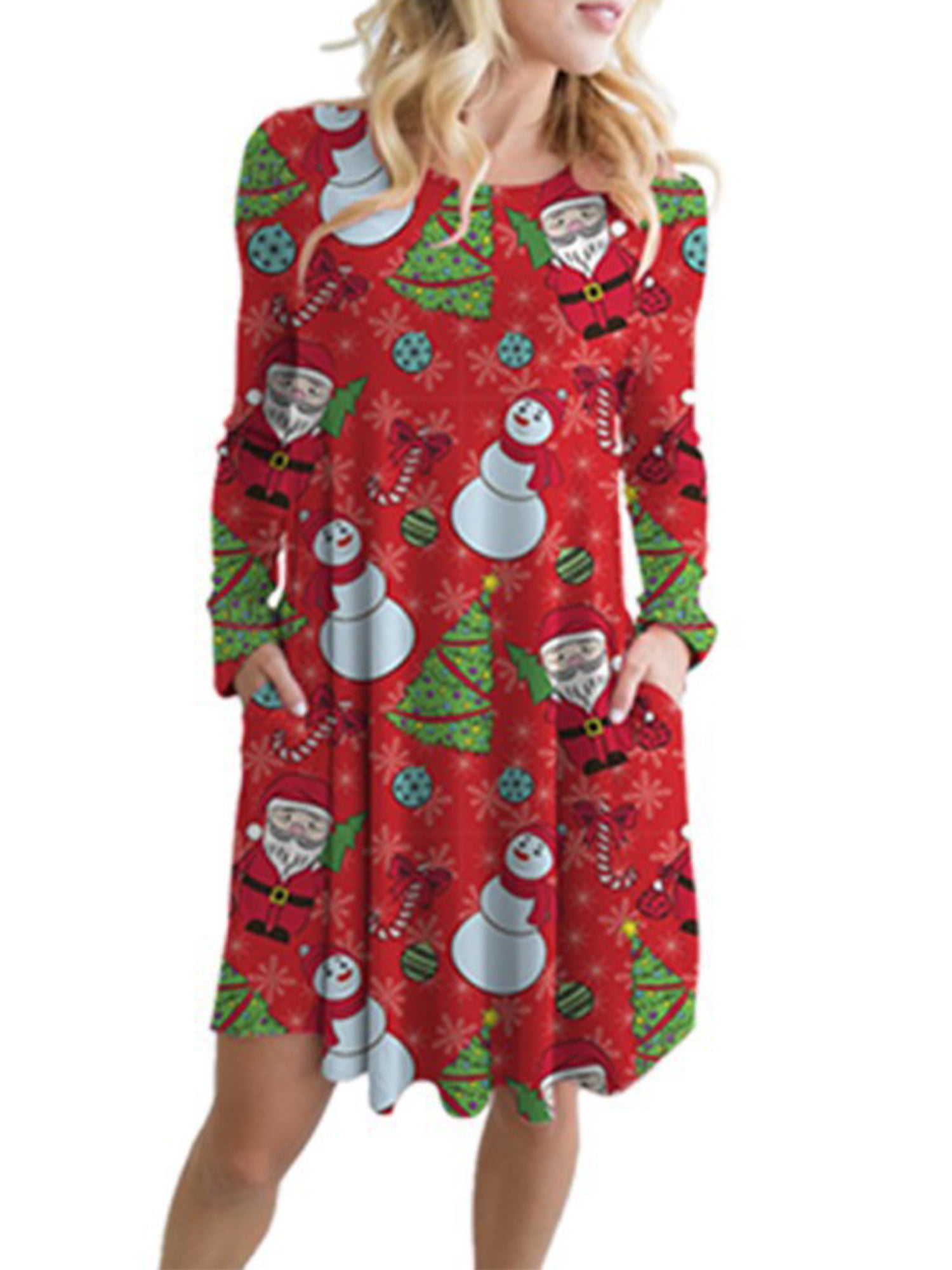 Christmas Dresses for Women Long Sleeve Pullover Cocktail Party A Line Xmas Santa Print Midi Swing Dress 