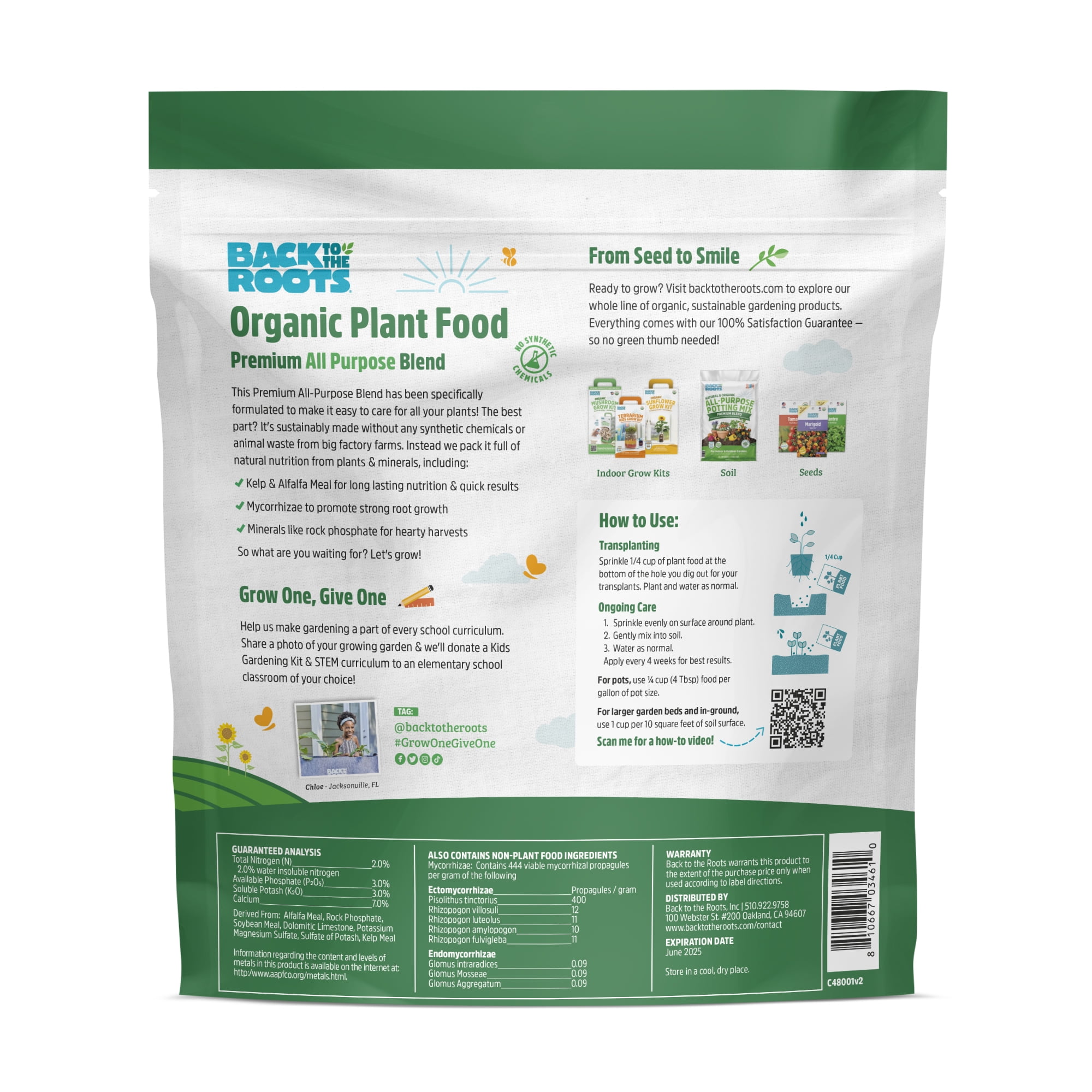 Back to the Roots Organic Premium Blend All-Purpose Plant Food, 1.5 lb Bag