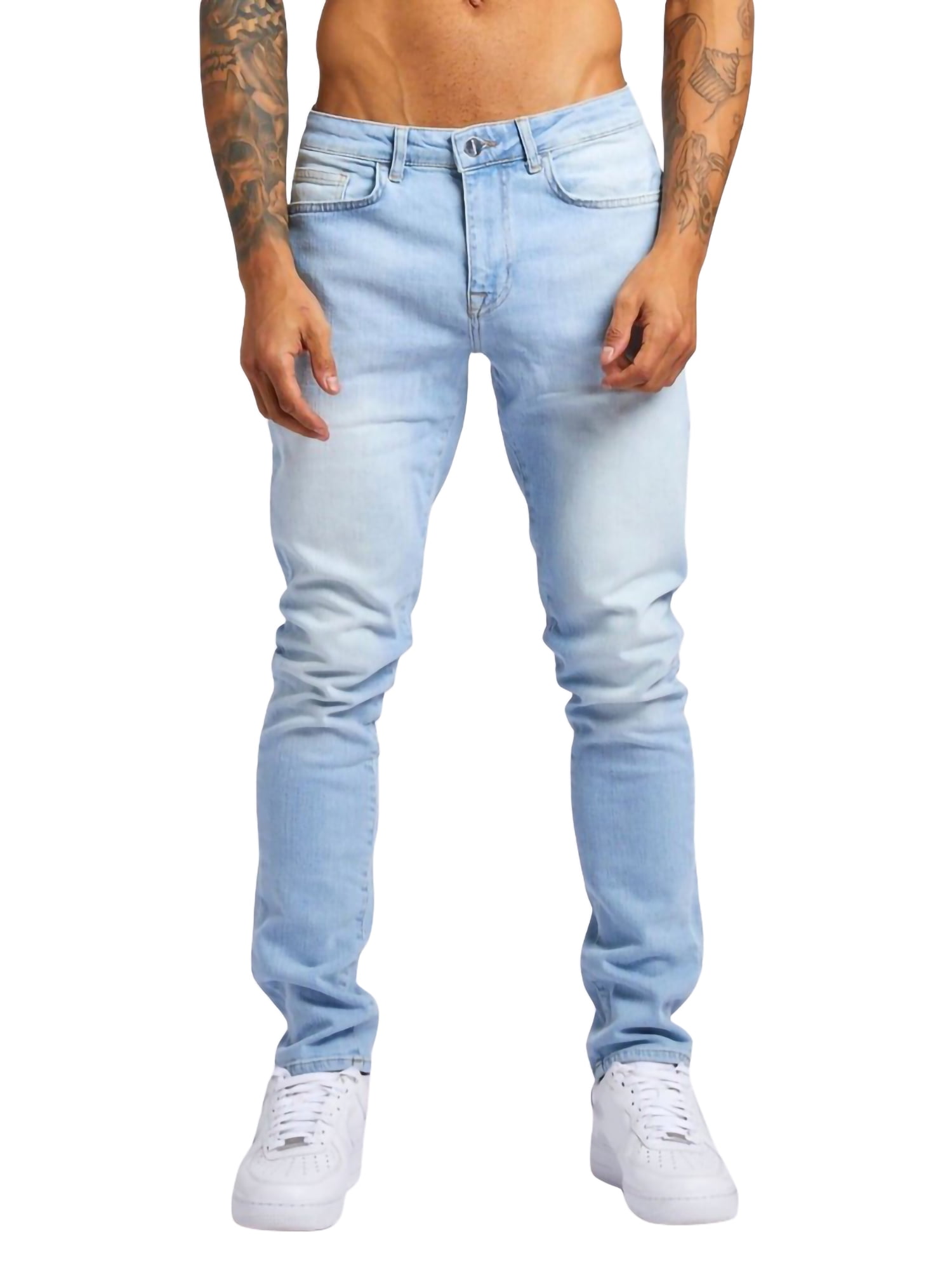 Men Skinny Jeans, Fashion Solid Low-Waist Slim-Fit Denim Pants Streetwear, Light Blue/Black - Walmart.com