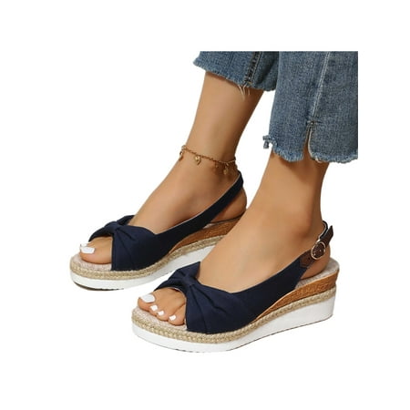 

Ymiytan Womens Shoes Ankle Strap Espadrilles Sandal Open Toe Wedge Sandals Work Bowknot Cute Buckle Blue 5