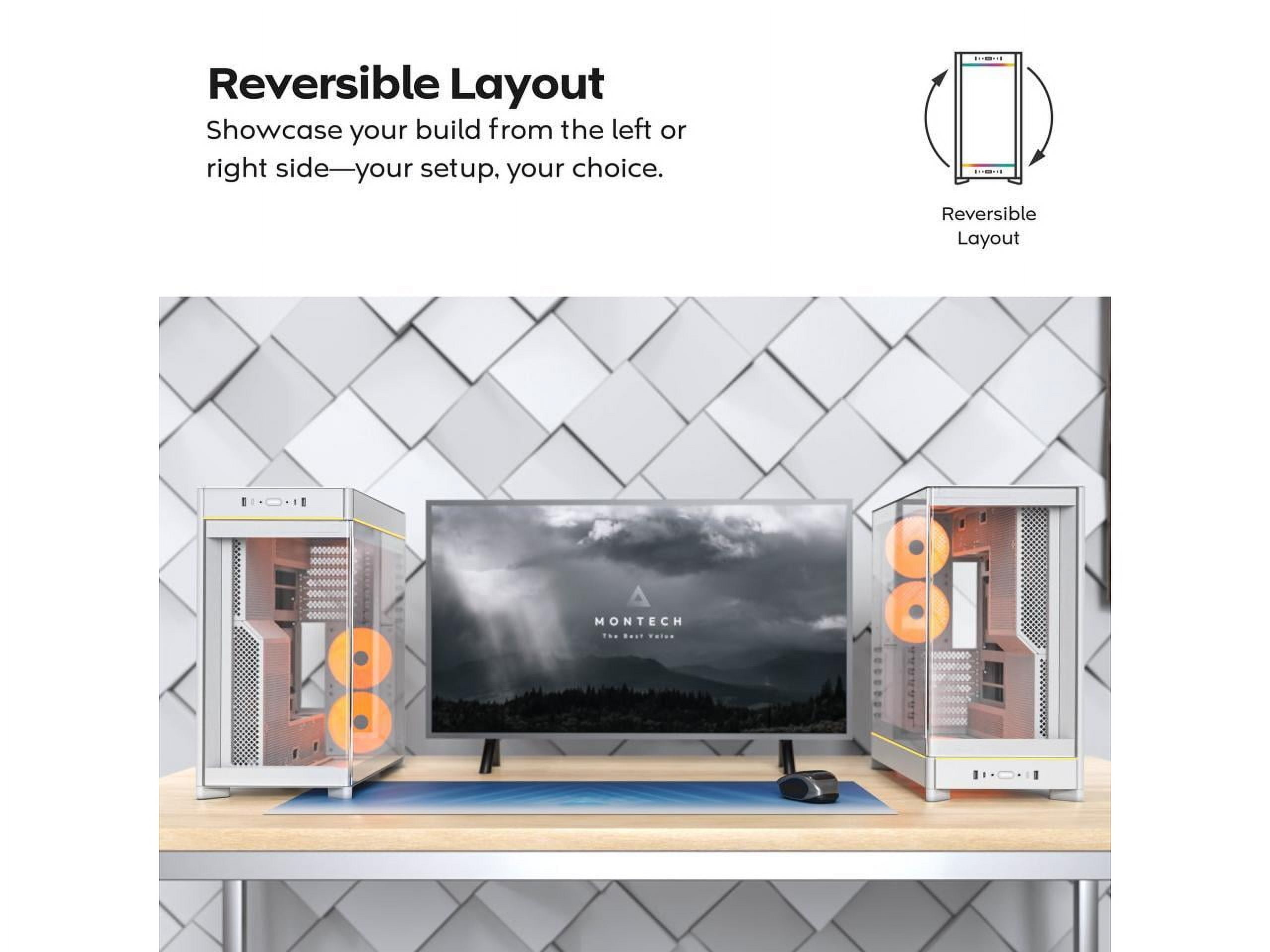 MONTECH HS02 PRO, ATX Mid-Tower PC Case, Gaming PC, High-Airflow, Reversible Layout, Sturdy Curved Tempered Glass Front Panel, 5x ARGB PWM Fan Pre-Installed, Sink-in Design, Toolless Panels, White, US