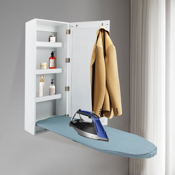 Household Wall Mount Hide Away Ironing Board Cabinet with 3 Tier Shelf & Mirror for Home, Small Apartment, Hotel, Laundry Room