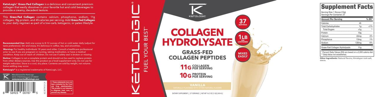 Ketologic Grass-Fed Collagen Hydrolysate Powder (Vanilla) 1 LB - Bovine Sourced Peptides Supplement for Women and Men