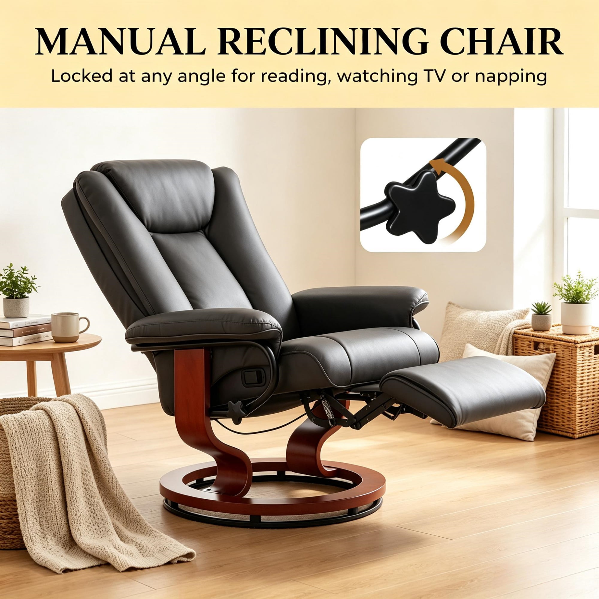 Modern Leather Swivel Recliner with Footrest, Compact Armchair