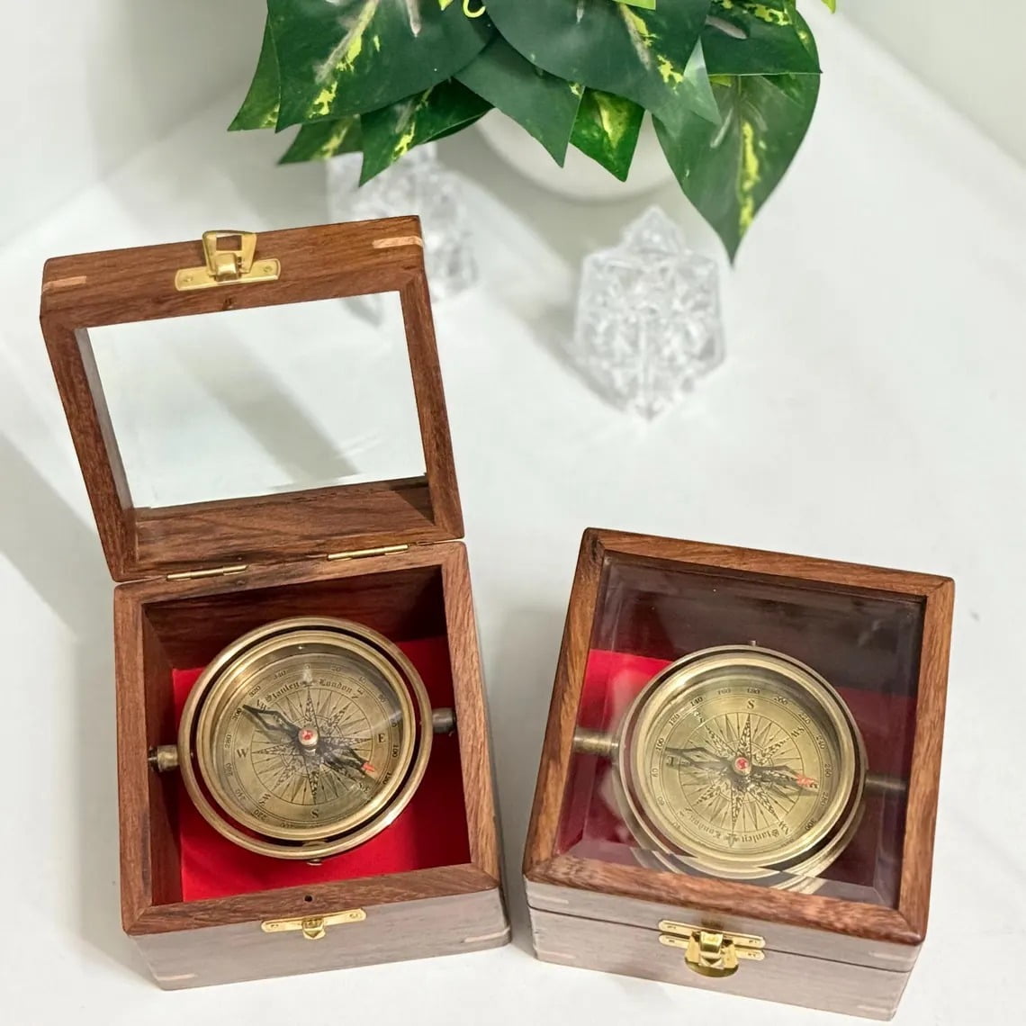 Personalized Brass Gimbal Compass with Wooden Box, 3 Inch Nautical Compass Gift for Him, Anniversary Gift, Maritime Decor, Birthday gift