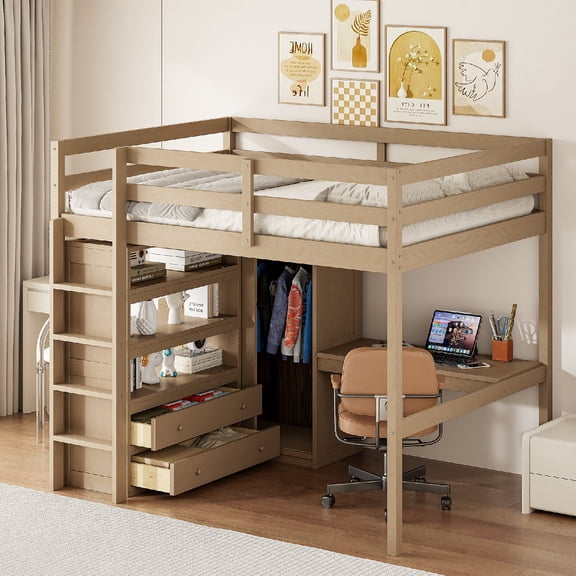 Full Size Loft Bed Frame with Built-in Wardrobe and Desk, Wood Loft Bed with Storage Drawers and Shelves for Bedroom, Apartment, Dorm, Space-Saving, Mattress Not Included, Walnut Color
