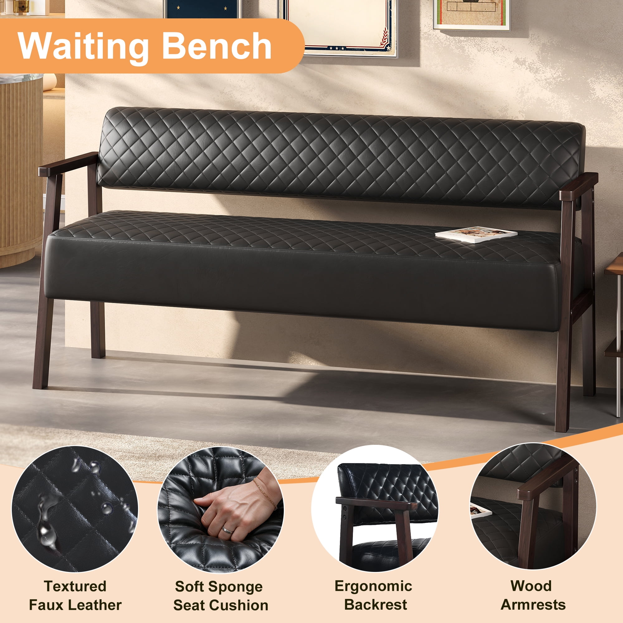AISWORD 58.27" PU Faux Leather Upholstered Bench with Backrest,Diamond Quilted Entryway Bench with Wood Arms for Living Room,Office & Salon Waiting Room,Black