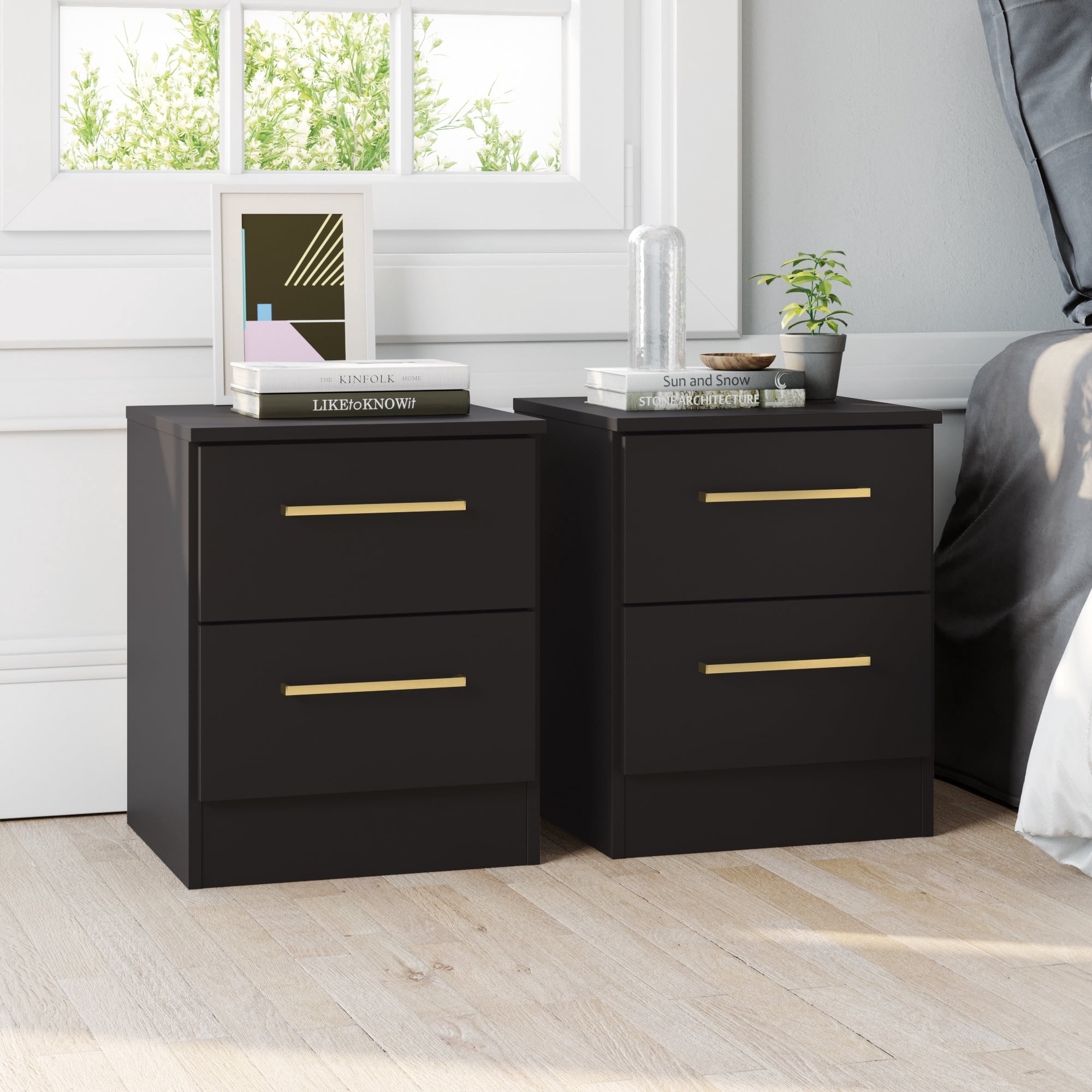 Kappesberg Jolyne 2-Drawer Nightstand Set of 2 with Gold Handles, Black – Modern Bedroom Storage for Adults and Teens
