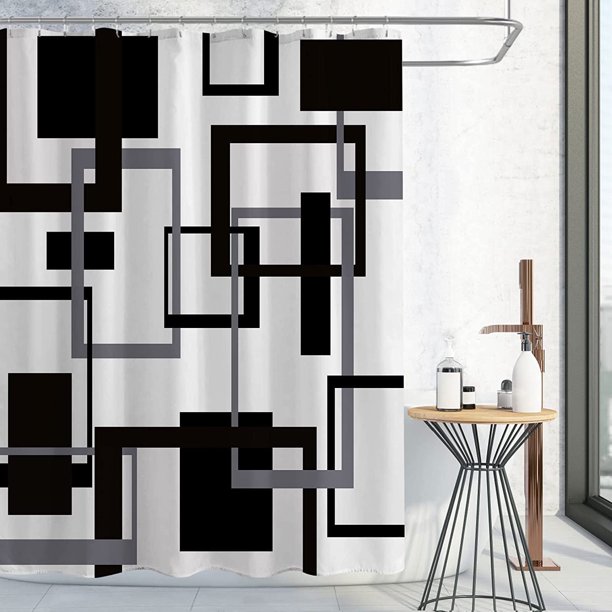 Cortina de ducha extra larga de 183 x 213 cm, alta, en gris, blanco y negro, para baño, de tela impermeable con diseño geométrico abstracto moderno de mediados de siglo y ganchos.