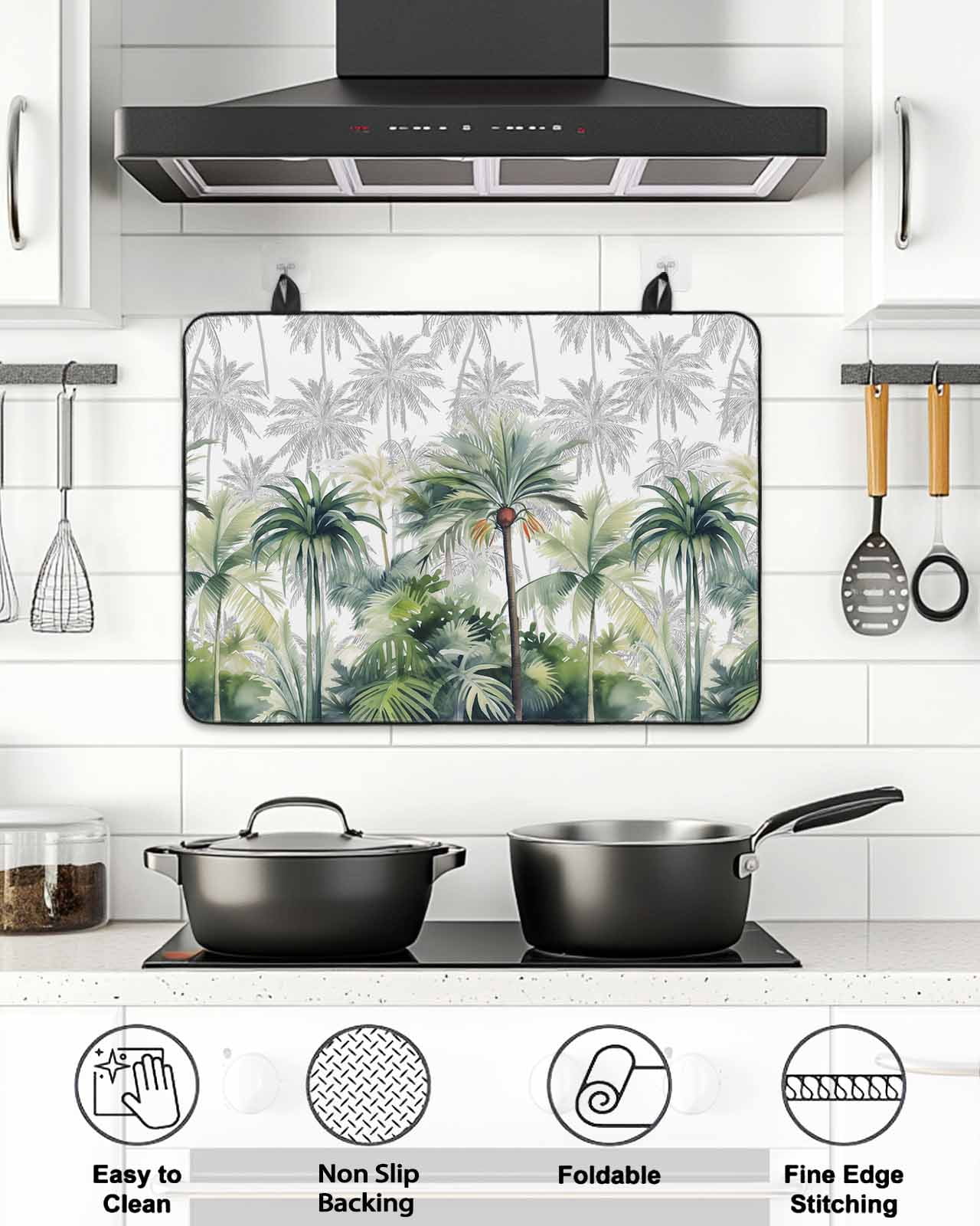 Stove Top Covers for Electric Stove, Summer Tropical Leaves Glass Stovetop Cover Protector, Green Botanical Palm Trees Induction Cooktop Protector Oven Mat for Kitchen Countertop 28.5"x20.5"