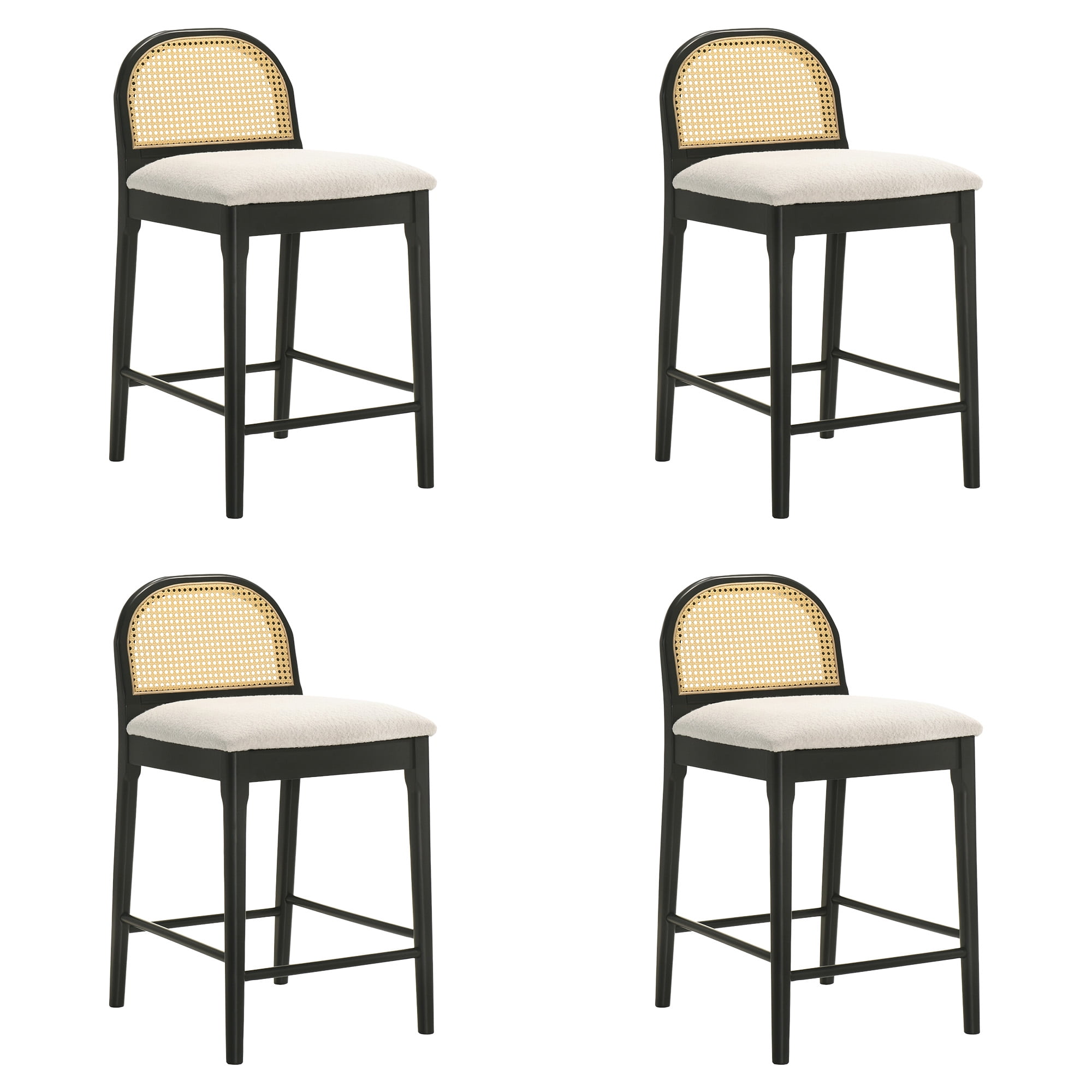 Lucio Modern Farmhouse Wood Counter Height Kitchen Bar Stool in Black Finish with White Boucle Fabric Upholstered Seat - Set of 4