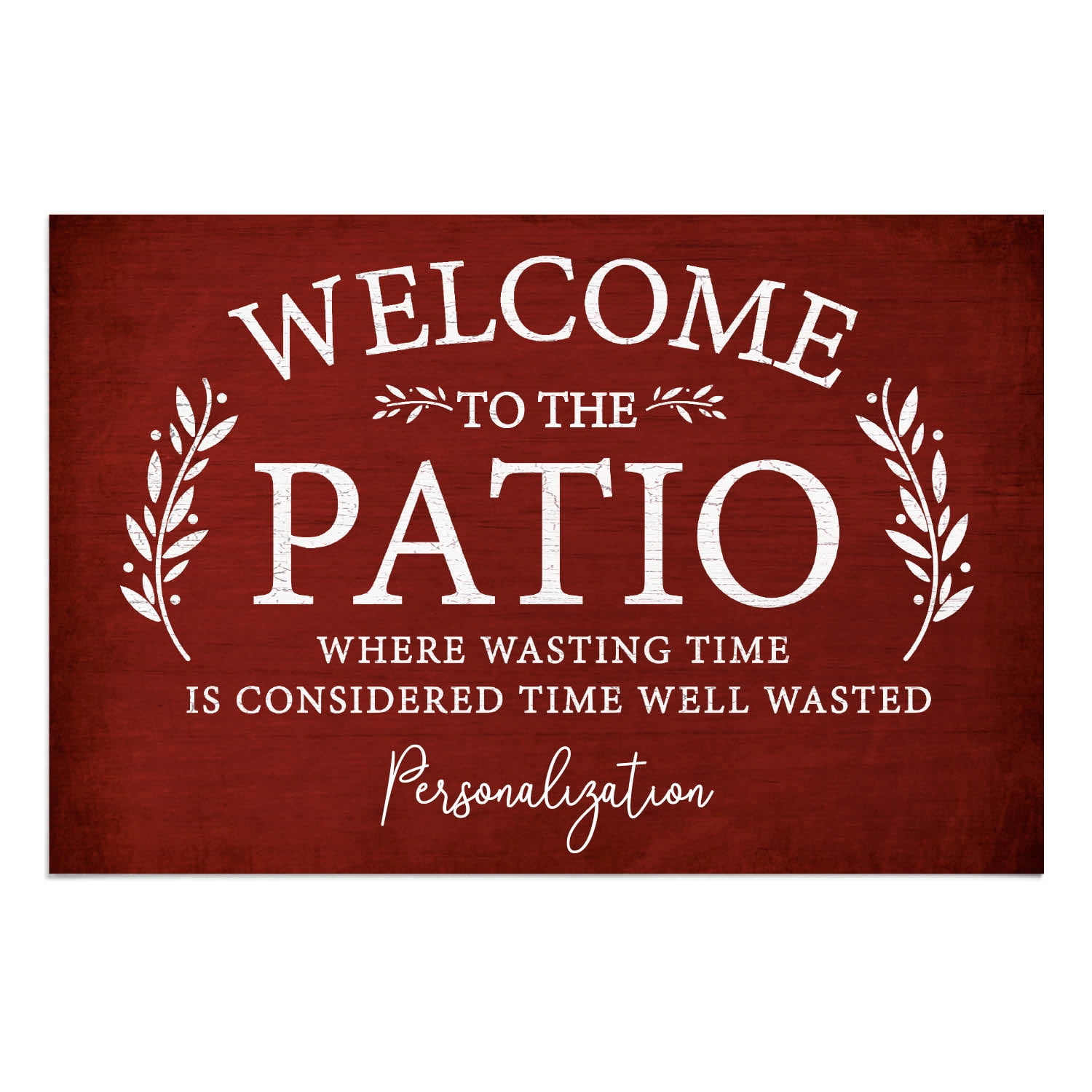 Personalized Planet 27x18 Welcome To The Patio Where Wasting Time is Considered Time Well Wasted Doormat with Custom Name Printed on Red Rectangular 1/8” Thick Non Slip Mat