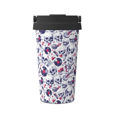 

Xecao music Skull record mike Pattern Insulated Coffee Mug with Handle & Flip Thermos Mug Water Bottle Coffee Tumbler Cup
