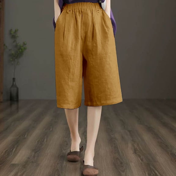 Endives Womens Cotton Linen Short Slim Solid Color Linen Pant Women Elastic Waist Short Pants Yellow