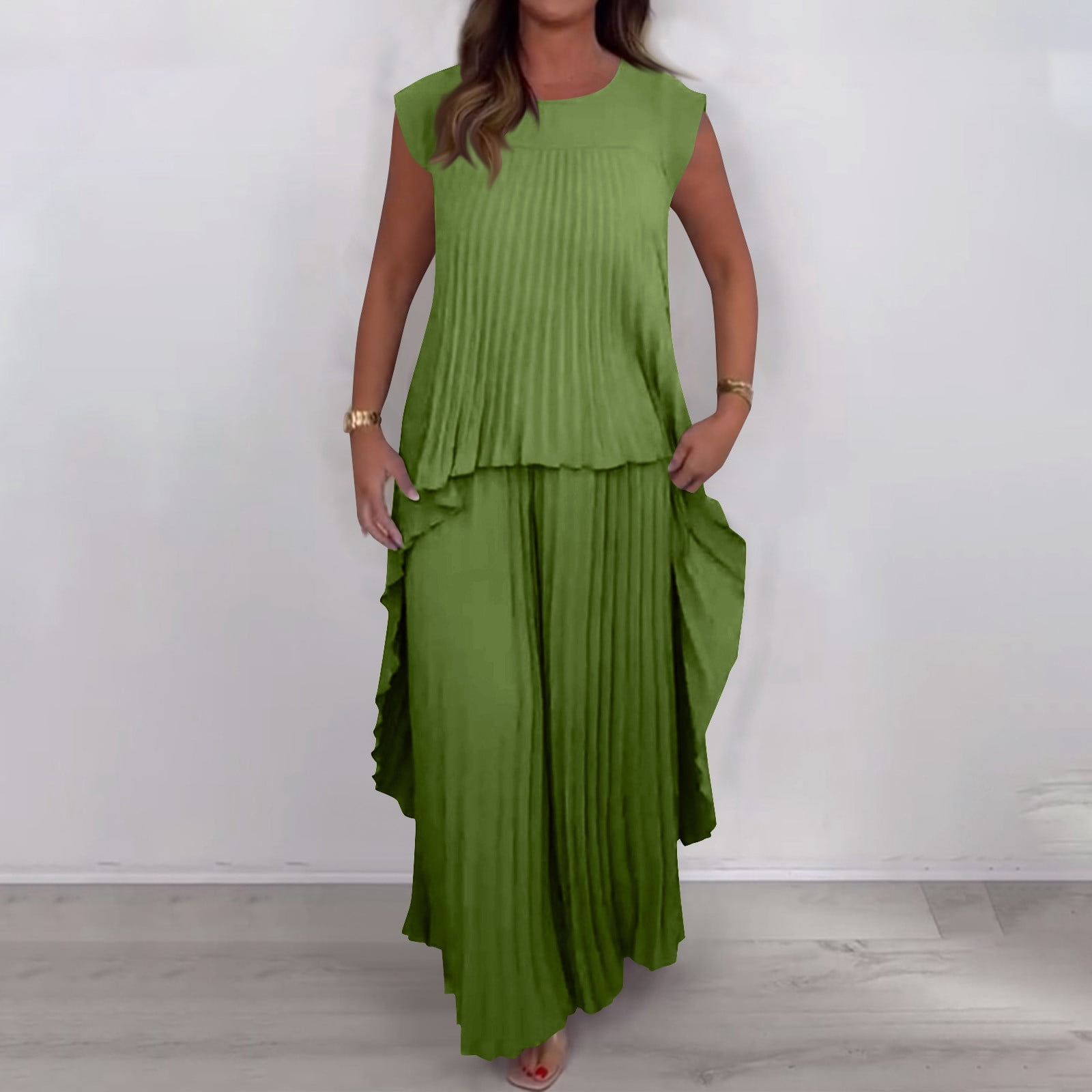 2 Piece Outfits for Women Dressy Pleated Wide Leg Pants Set - Asymmetric Hem Loose Tunic Tops Matching Lounge Sets