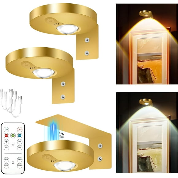 shiyou-Rechargeable Picture Lights for Wall, 3Pcs Wireless Led Gold Poster Light for Paintings Display with Remote, Art Lighting for Portrait/Photo/Sculpture/Frame/Home Decor