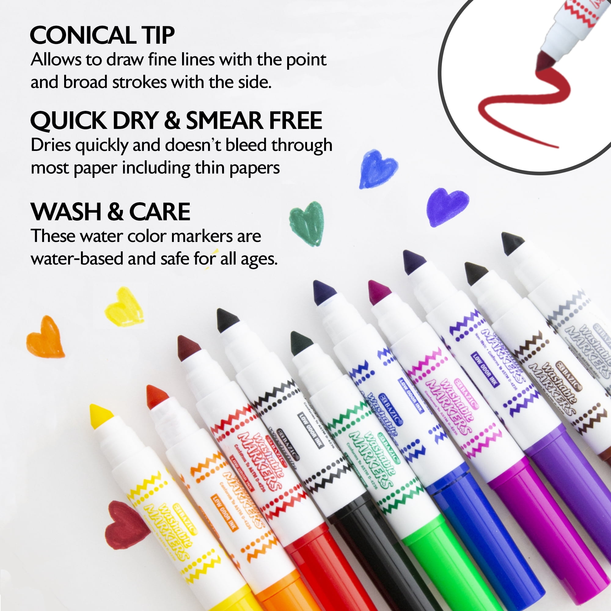 BAZIC Washable Markers 10 Color Mini Coloring Marker (10/Pack), 24-Packs