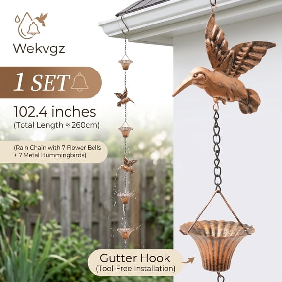 Wekvgz Rain Chain for Gutters Outside Rustproof Rain Catcher Chain with 7 Metal Cups and Hummingbird Decor Functional Replacement for Downspout