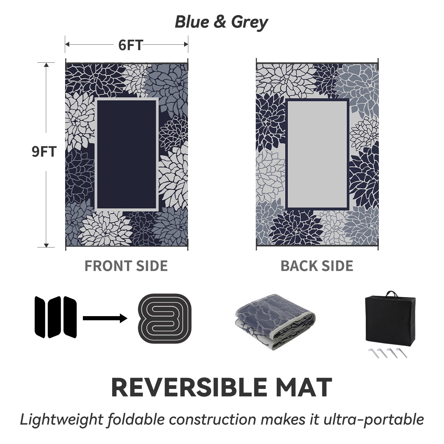 SIXHOME Outdoor Rug 6'x9' Waterproof Reversible Patio Rug Floral Border Plastic Straw Indoor Outdoor Rug for RV Camping Garden Picnic Beach Deck Backyard Porch Decor Blue and Gray
