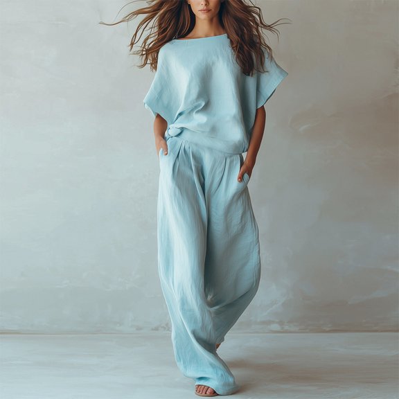 Morttic Women's Elegant Solid Color 2 Piece Outfit – Batwing Short Sleeve Loose Top & Pleated Wide Leg Pants with Side Pockets Sky Blue,S