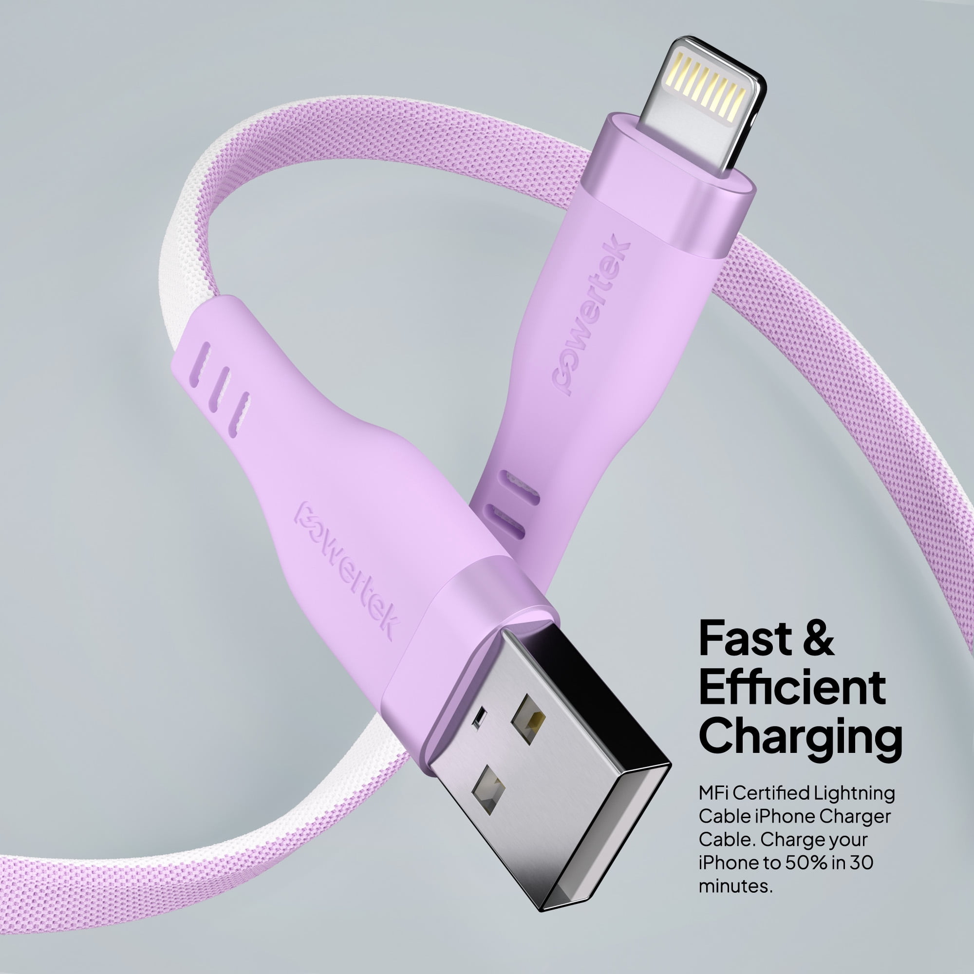 Powertek MFi USB-A to Lightning Two-Tone Pastel Fast Charge Cable, 6 ft, Purple