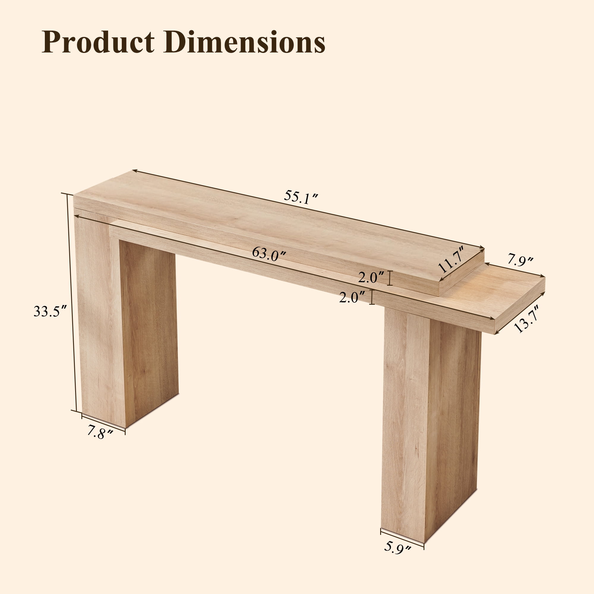 KeyWhat 63" Entryway Console Table, Wooden Modern Sofa Table Behind Couch, Dual-Level Countertop Design for Hallway, Entryway, Living Room, Natural Oak & Dark Alder