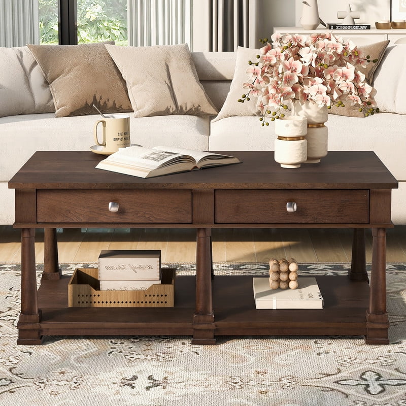 Mid-Century Modern Wood Coffee Table with 2 Storage Drawers & Open Shelf, Rectangular Cocktail End Table with Solid Wood Legs