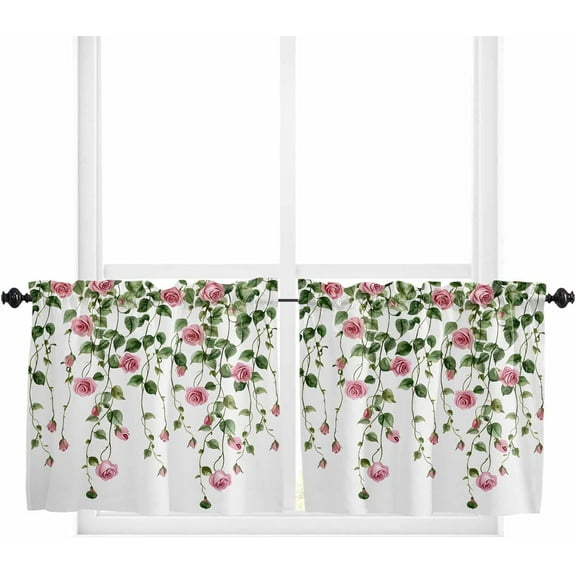 Pink Rose Floral Kitchen Curtain 24 Inch Length Small Short Cafe Tiers Curtains Drape, Green Botanical Eucalyptus Retro Flower Window Treatment Rod Pocket Drapery Panels Curtains, 27.5x24