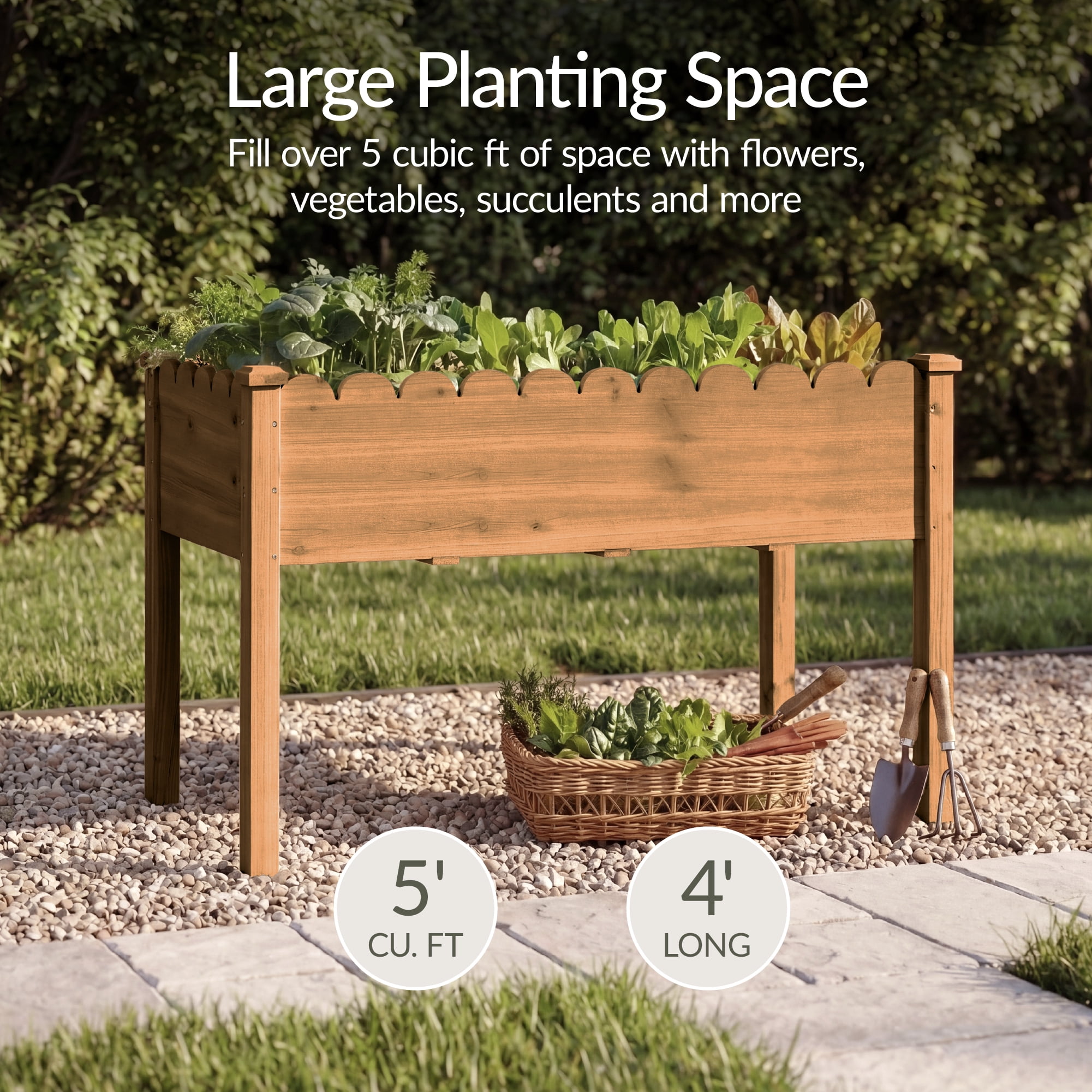 Best Choice Products 48x24x30in Raised Garden Bed, Scalloped Design, Elevated Wooden Planter for Yard - Acorn Brown
