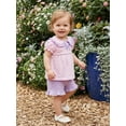 thumbnail image 4 of BemeyourBBs Toddler Baby Baby Girl Summer Clothes Infant Baby Girl 2 Pieces Outfit Bow Embroidered Striped Ruffled Trim Doll Collar Short Sleeve Shirt Tops and Shorts Set, 4 of 9