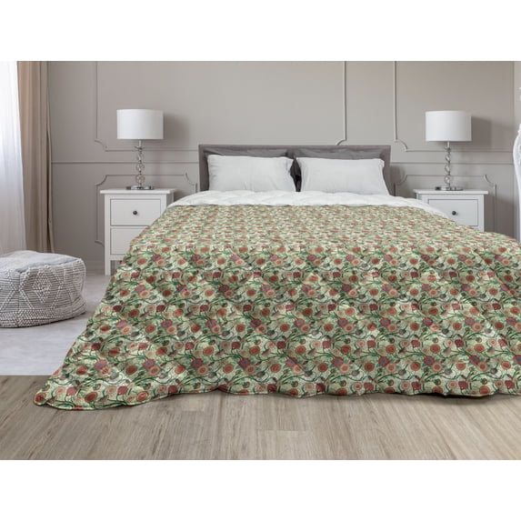 Abstract Down Alternative Comforter, Geometric Checked Pattern with Floral Motifs Elliptic Curvy Details Tile Design, Microfiber Quilt for All Season, 5 Sizes, Multicolor, by Ambesonne