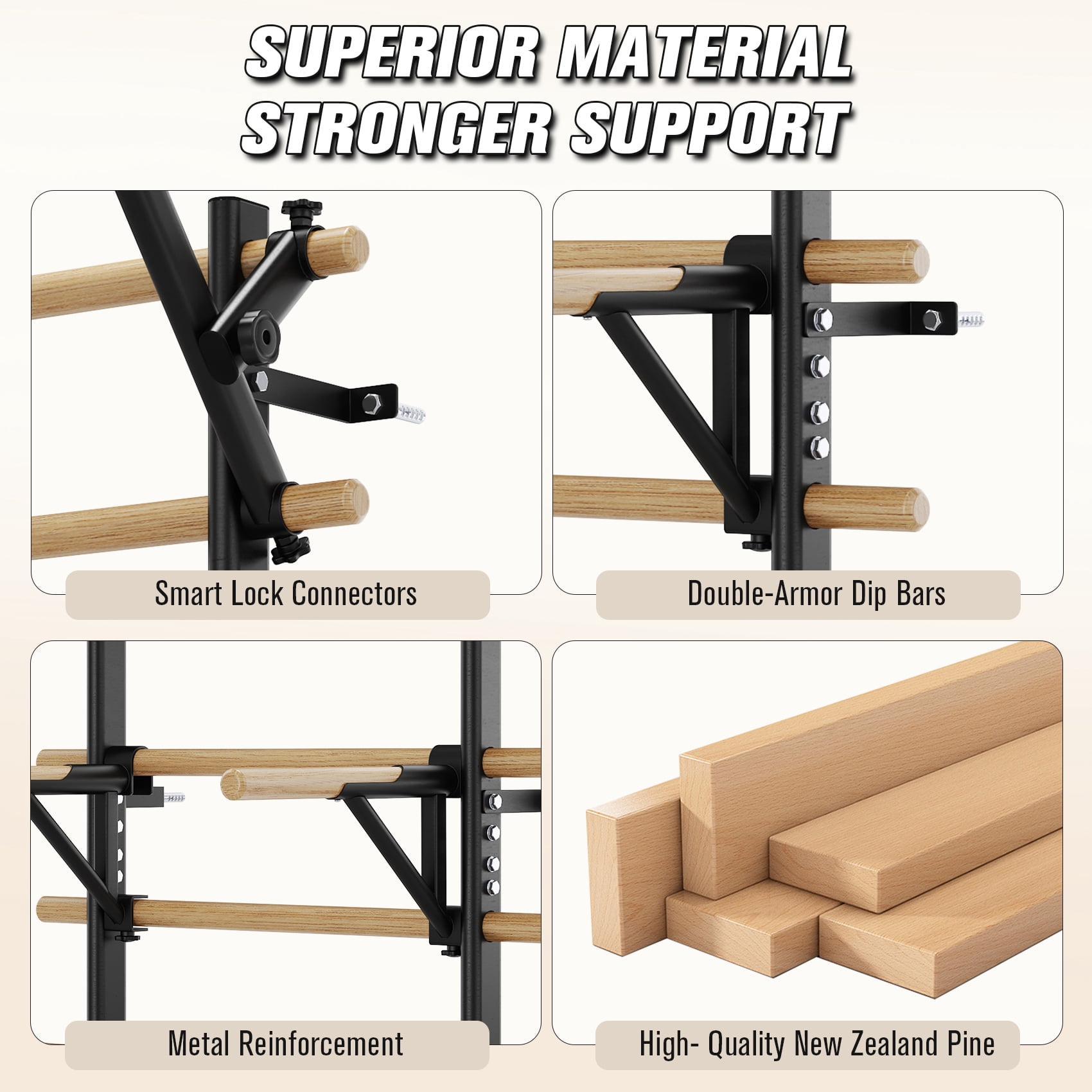 FiitDavz Swedish Ladder Wall Gym, Wooden Stall Bar with Pull-Up Bar and Dip Bar, Adjustable, 300 lb Capacity