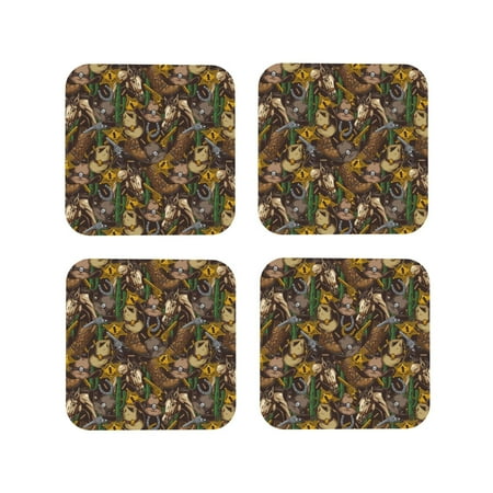 

Leather Coasters Set of 4 - Western Cowboy Horse Cowboy Hat Lightweight Non-Slip Drink Coasters for Desk Anti-Scalding Desk Cup Coasters for Office Table Decor Square