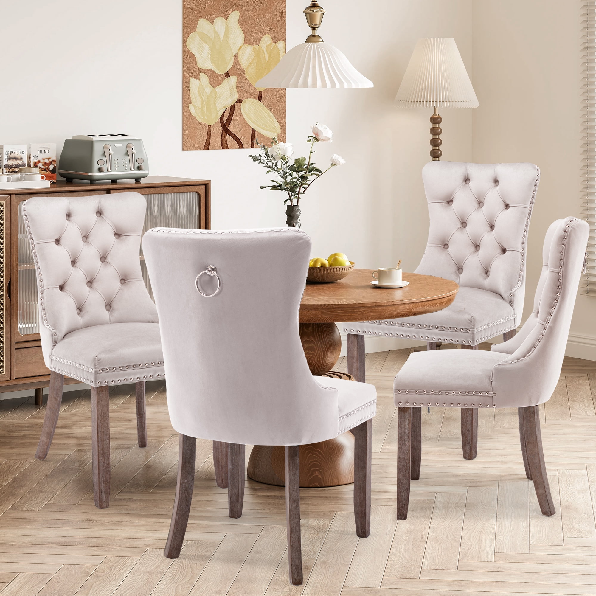 DONICK Velvet Beige Upholstered Dining Chairs Set of 2, Kitchen & Dining Room Chairs Nailheads Tufted Soft Solid Wood Frame