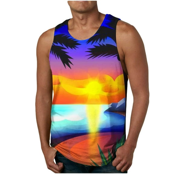 Zylanna Men's Hawaii Tank Tops Pullover, Crew Neck Cool Vest Beach Vacation Sleeveless Casual T-Shirts for Men Blue Size 3XL