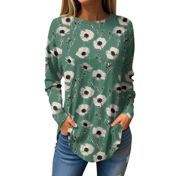 WTOBBY Women's Loose Fit Casual Floral Printed Round Neck Long Sleeve T-shirt Pullover Top Soft Breathable Material for Relaxed Wear Daily Comfort Fashion Blouse Trendy ,Army Green L